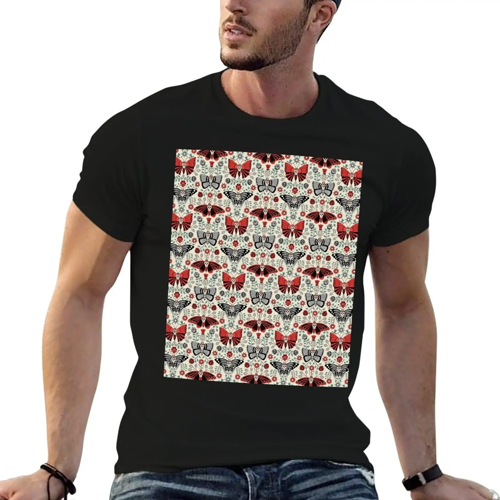 Gothic Halloween design of Skulls and Butterflies and flowers on a light background T-Shirt graphics blacks men t shirts