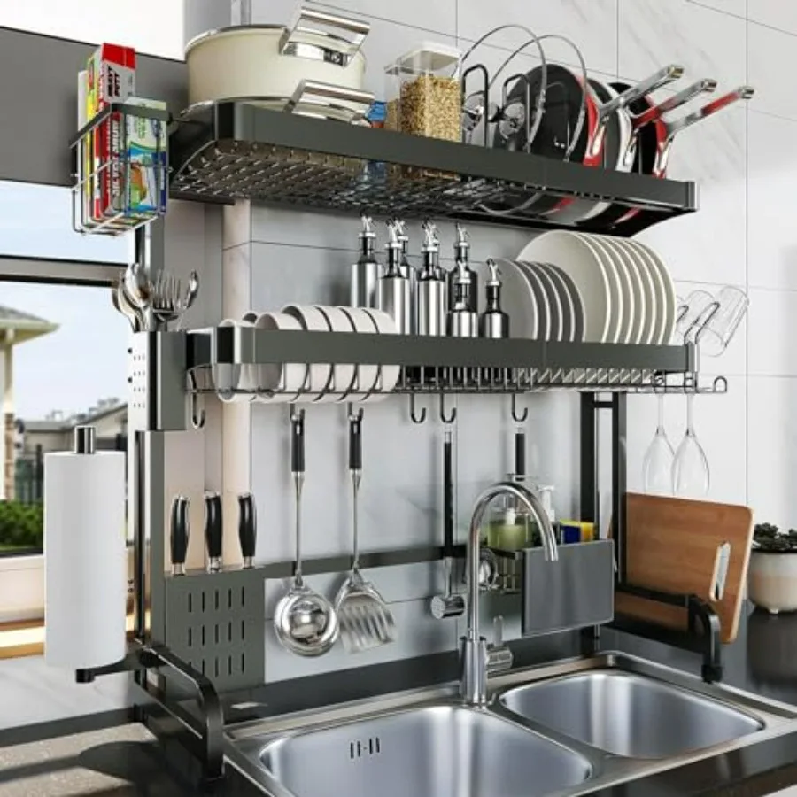 

Сушилка для посуды над раковиной, 3-ярусная, регулируемая по длине, полностью из нержавеющей стали, большая, для кухонной столешницы