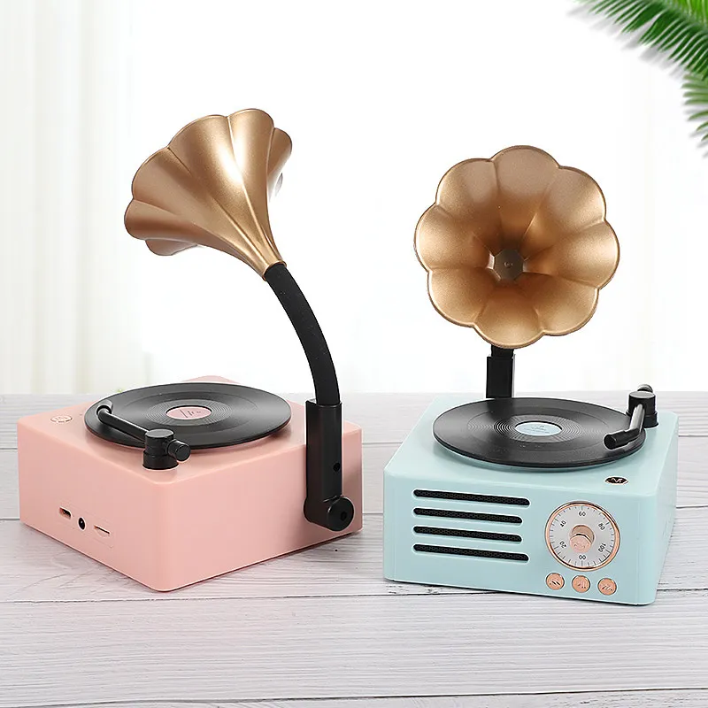 Retro Mini Gramophone Bluetooth Speaker Vintage Phonograph Style Audio Player With Flower Horn For Home Desktop Music Lovers