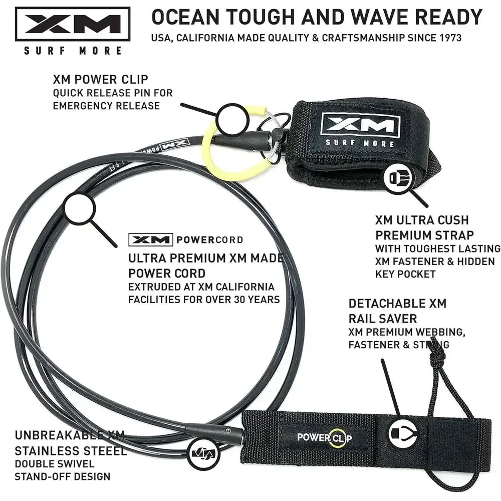 6-12ft Surfboard Leash with Power Clip, Quick Release, 0.27 Thick Cord, Keyring, Durable Swivels, Detachable Railsaver, US-Made