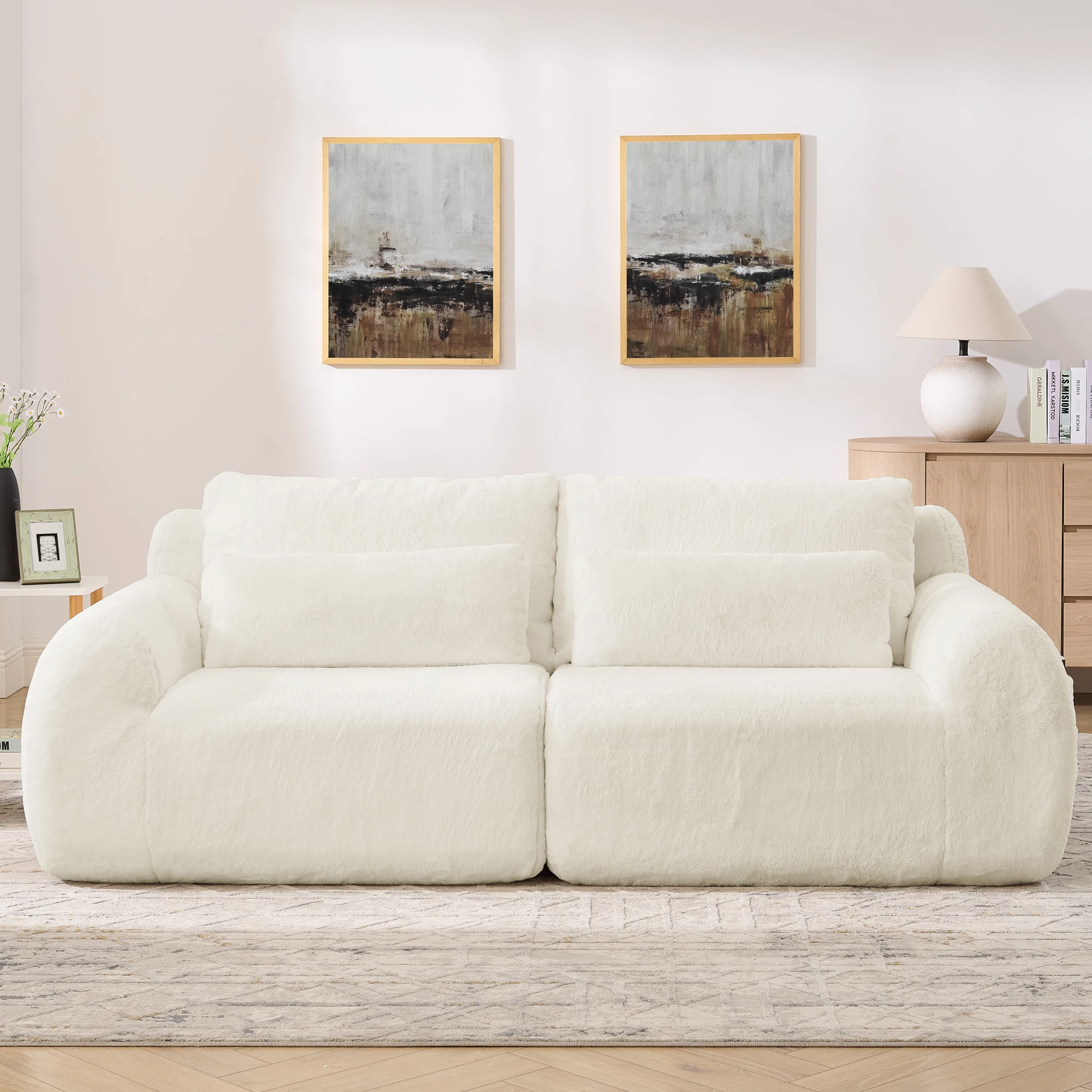 Sofá recto de 2 plazas: USB, bolsillo lateral, compacto sin estructura, para espacios pequeños, espuma beige