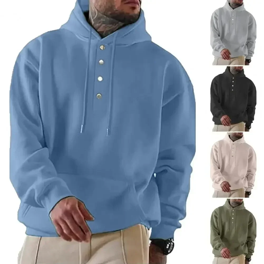 Men's Fashion Hooded Sweatshirt Long Sleeve Autumn Casual Hoodie Solid Color Blouse Brand Male Button Top