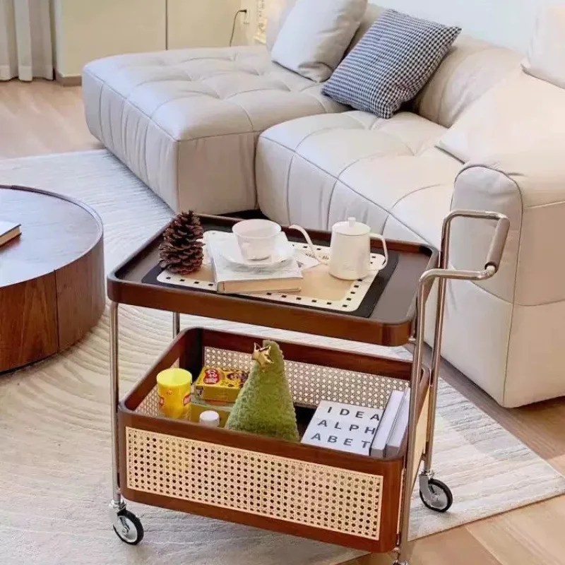 Medieval mobile solid wood storage living room sofa rattan coffee table side cabinet, storage bedroom