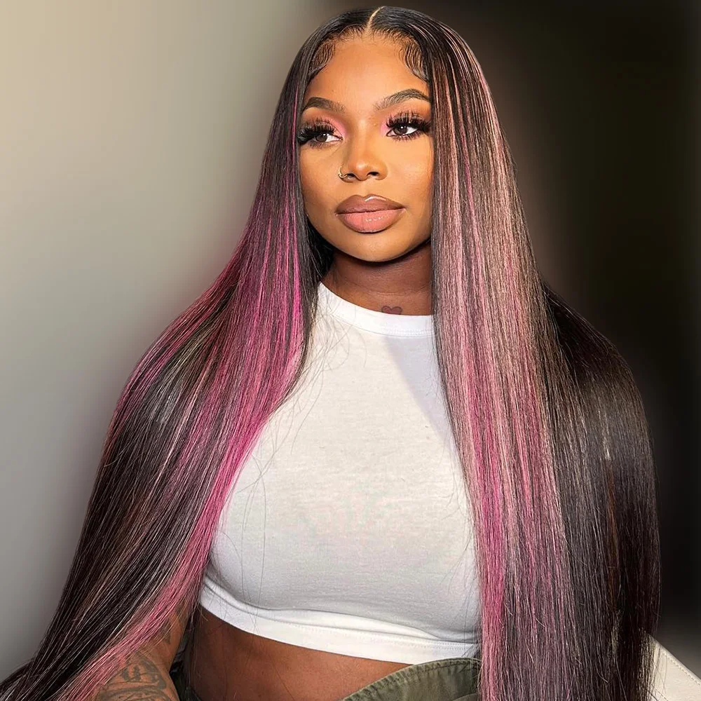 

13x6 Balayage Highlight Черный/Розовый Парики из натуральных волос на кружеве спереди Бразильские для женщин Прозрачные парики из натуральных волос на кружеве 13x4