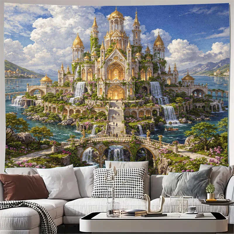 Magical Fantasy Castle Tapestry Mural Wall Art Hanging Gothic Palace Landscape Decoration for Living Room Home Decor