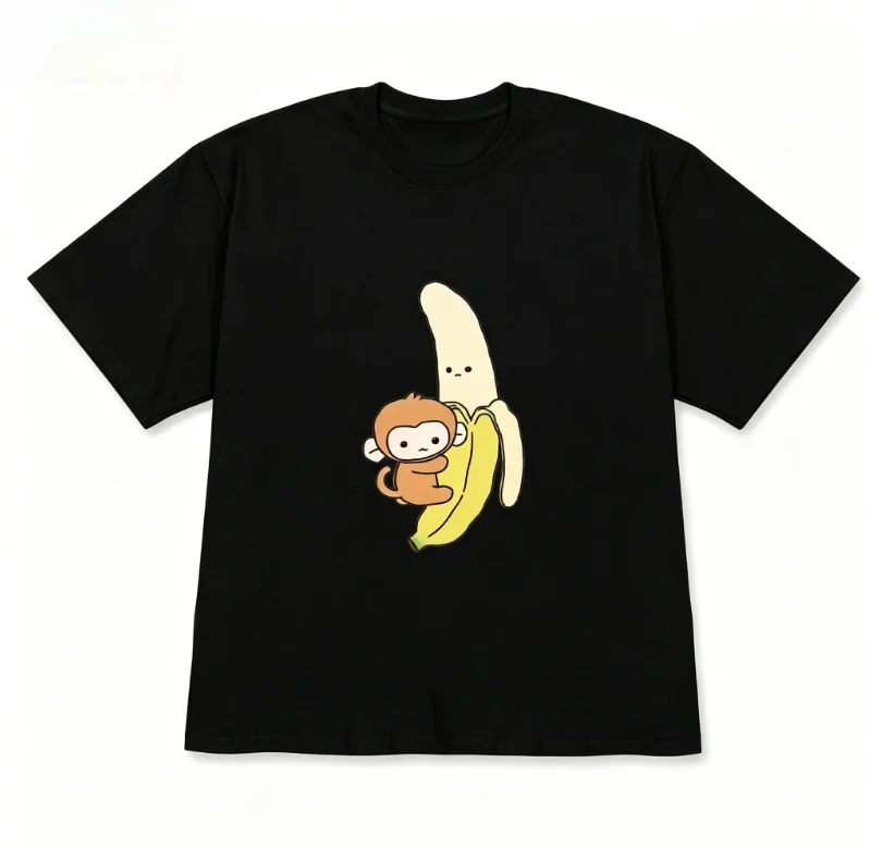 Lady  Short Sleeve T-shirt Monkey Hugging Banana Graphic Black Crew Neck Tee with Kawaii Animal Youthful Casual Streetwear Top