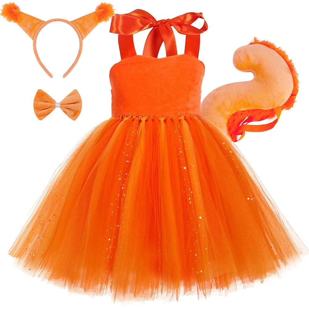 

Золото-оранжевое платье-пачка с белкой для девочек, праздничные костюмы с животными джунглей для детей, наряд на Рождество и Хэллоуин с бантом для волос, хвост, комплект