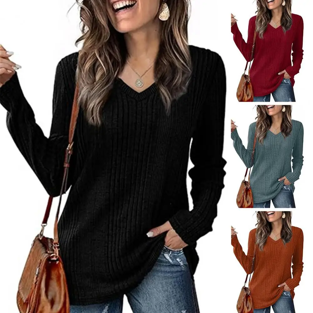 Women V-neck Knitted Sweater Loose Fit Tunic Top Stylish Women's V-neck Tunic Sweaters Long Sleeve Fall Tops Solid Colors