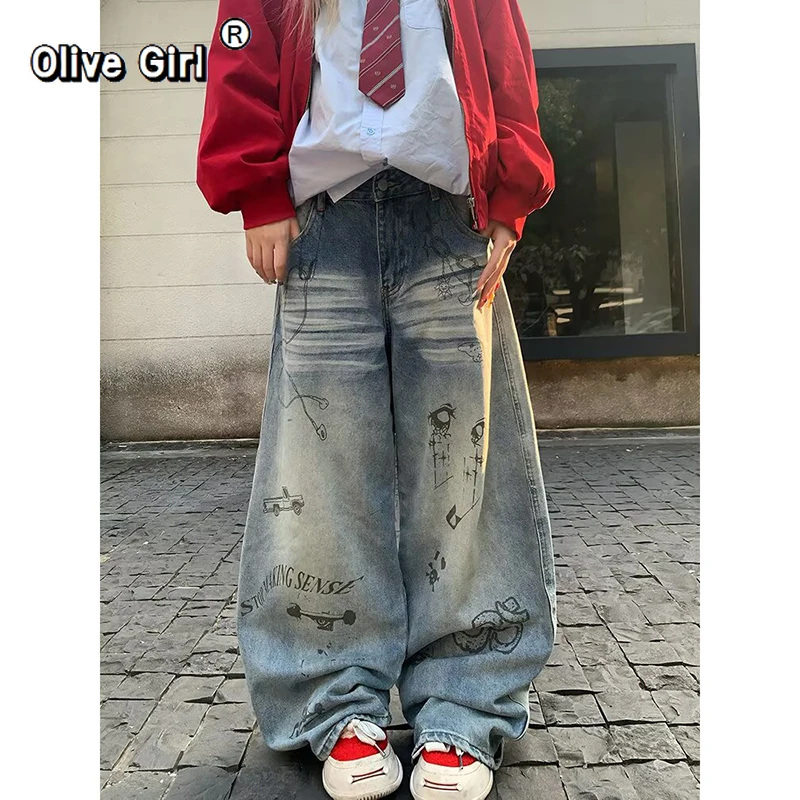 Oversize Women's Jeans Blue Gothic Y2k Harajuku Vintage Baggy Denim Trouser Japanese 2000s Style Boyfriend Jeans Pants Summer