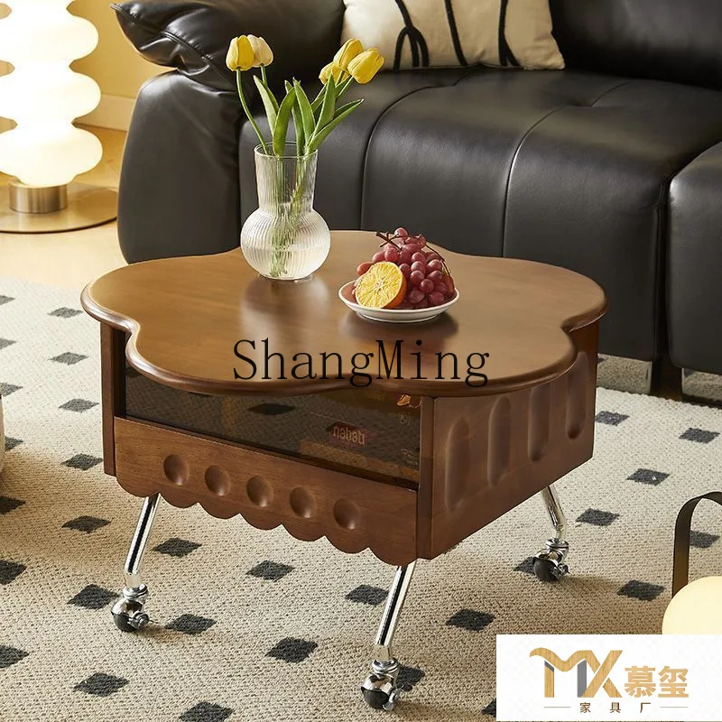 

CL Vintage Solid Wood Movable Adjustable Petal Round Storage Coffee Table Small Apartment Living Room Home Storage Side Table