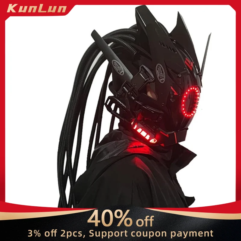 Cyberpunk Mask Cosplay Prop Round Light with Braids Masks Halloween Fit Party Music Festival Accessories Game Cos Toys Boys Gift