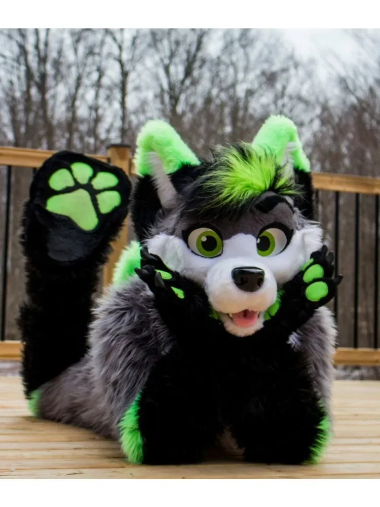 Grün Grau Weiß Langhaar Husky Hund Fuchs Lila Blau Maskottchen Kostüm Fursuit Halloween Anzug Cosplay Weihnachten