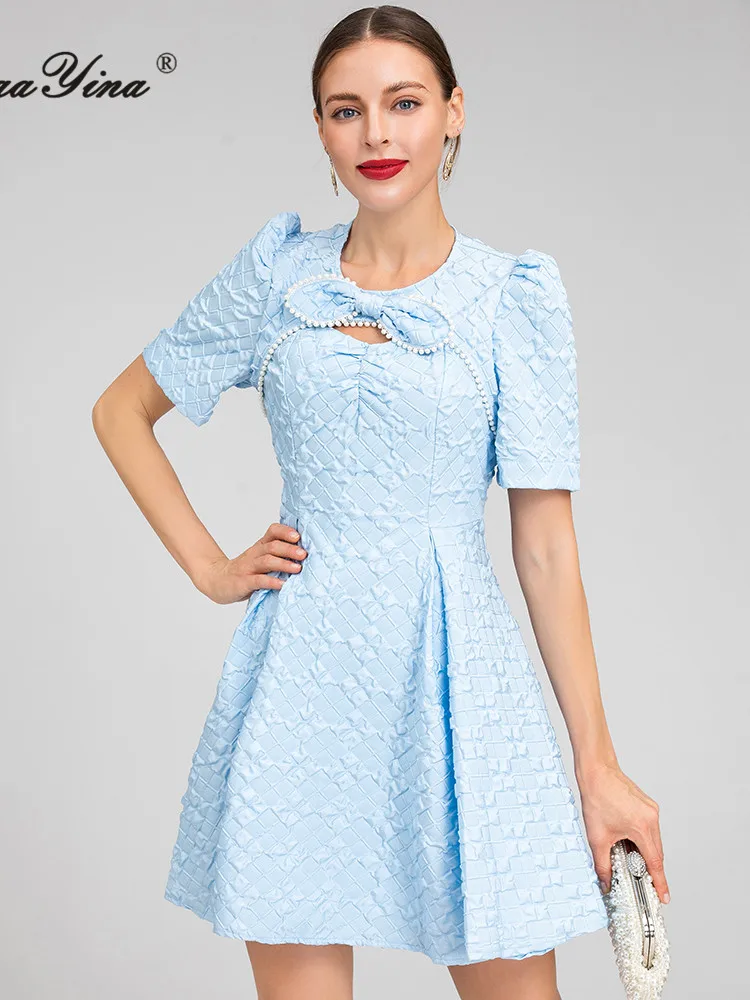 

MoaaYina Fashion Designer Summer Short Dress Women's Short sleeve Luxury Bow Beading Jacquard Blue Holiday Elegant Mini Dresses