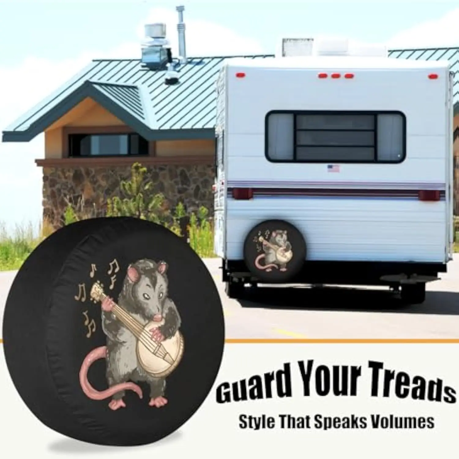 Opossum Playing Banjo Tire Cover Durable Vinyl Protector for Trailer RV SUV Truck Camper Spare Wheels