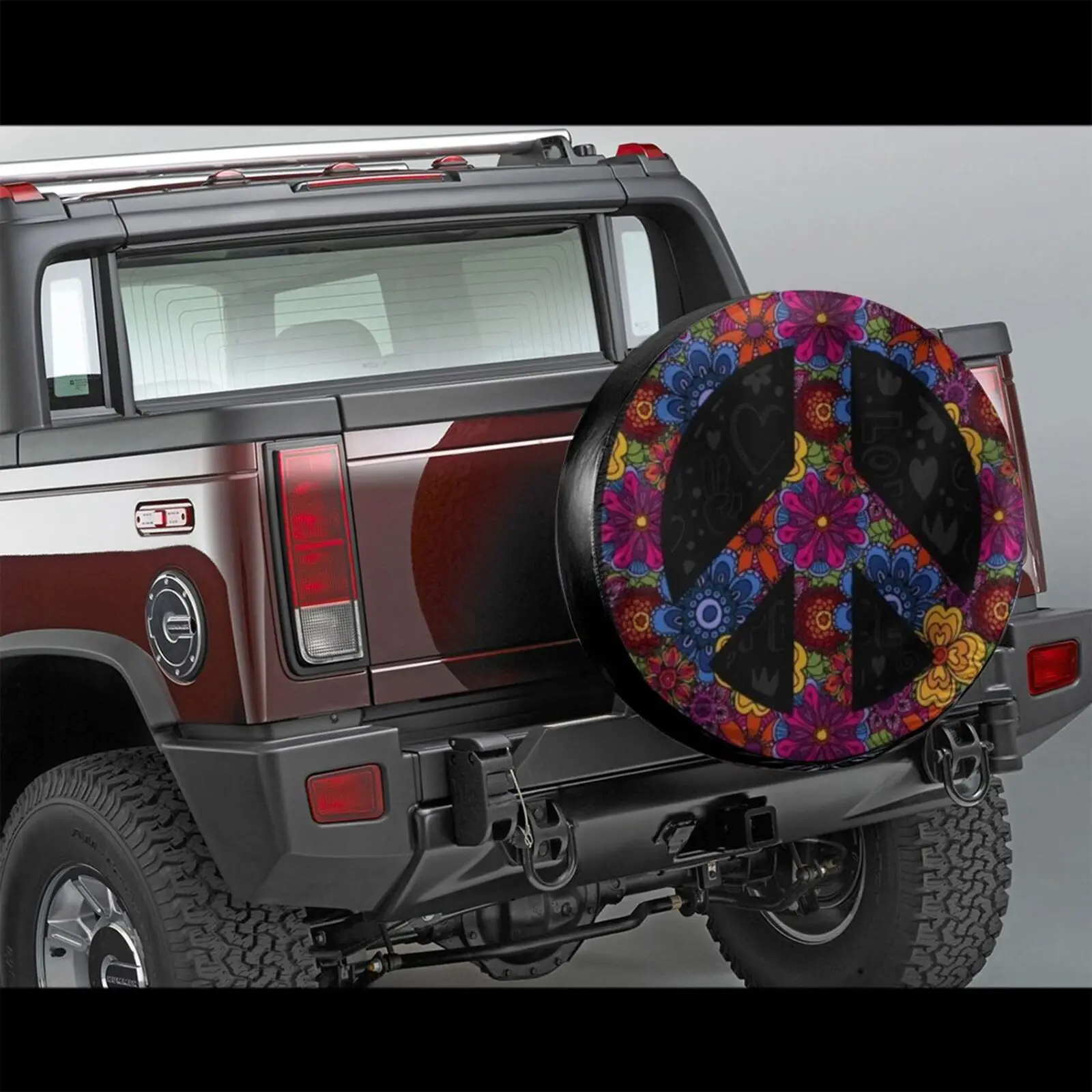 Spare Tire Cover for Car, Peace Hippie Flowers, Love Joy Groovy, Retro Floral, Psychedelic,