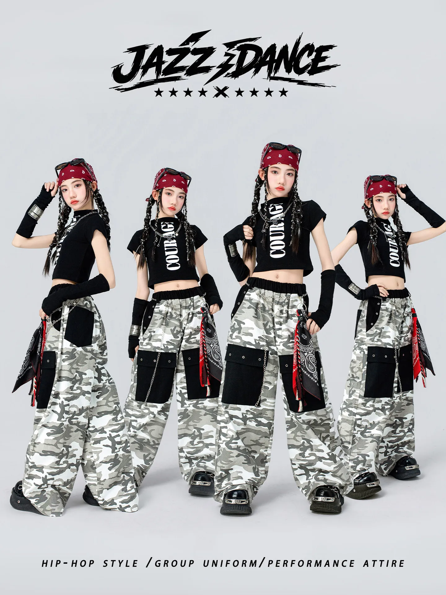 

2026 New Girls Top Camouflage Pants Jazz Dance Costumes Kids Hip Hop DancePerformance Children Kpop Street Clothes Wear DW11651