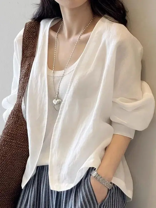 

Elegant Flax Sleeveless Outerwear Women's Lightweight Luxury Sun Protection Shirt Long Sleeve Top Korean Style Commute Wind