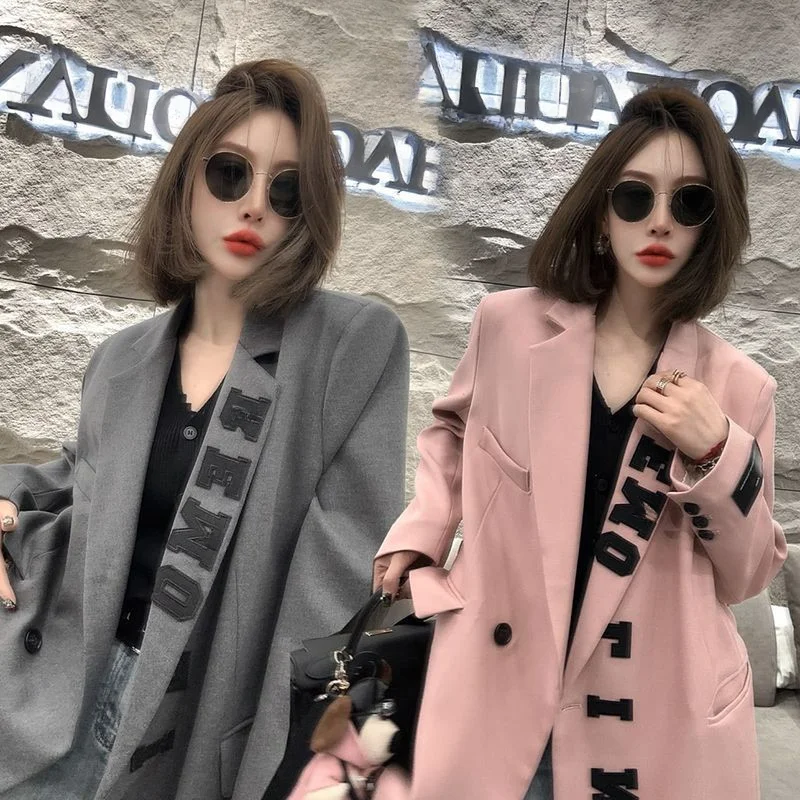 

Fried Street 2024 Spring and Autumn New Personalized Suit Coat Female Korean Trend Letter Printing Medium Long Top Coat Comfort