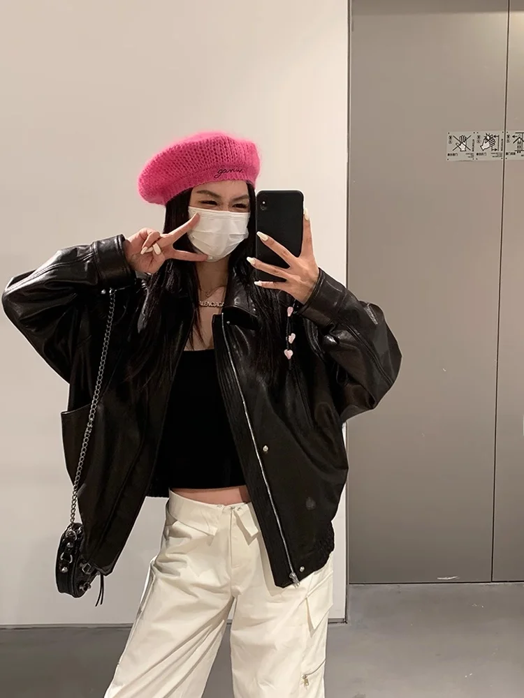 

Black Sheep Leather Jacket Women's Short Style Heavy Work Retro Fashion Streetwear Zipper Closure Long Sleeve Coat