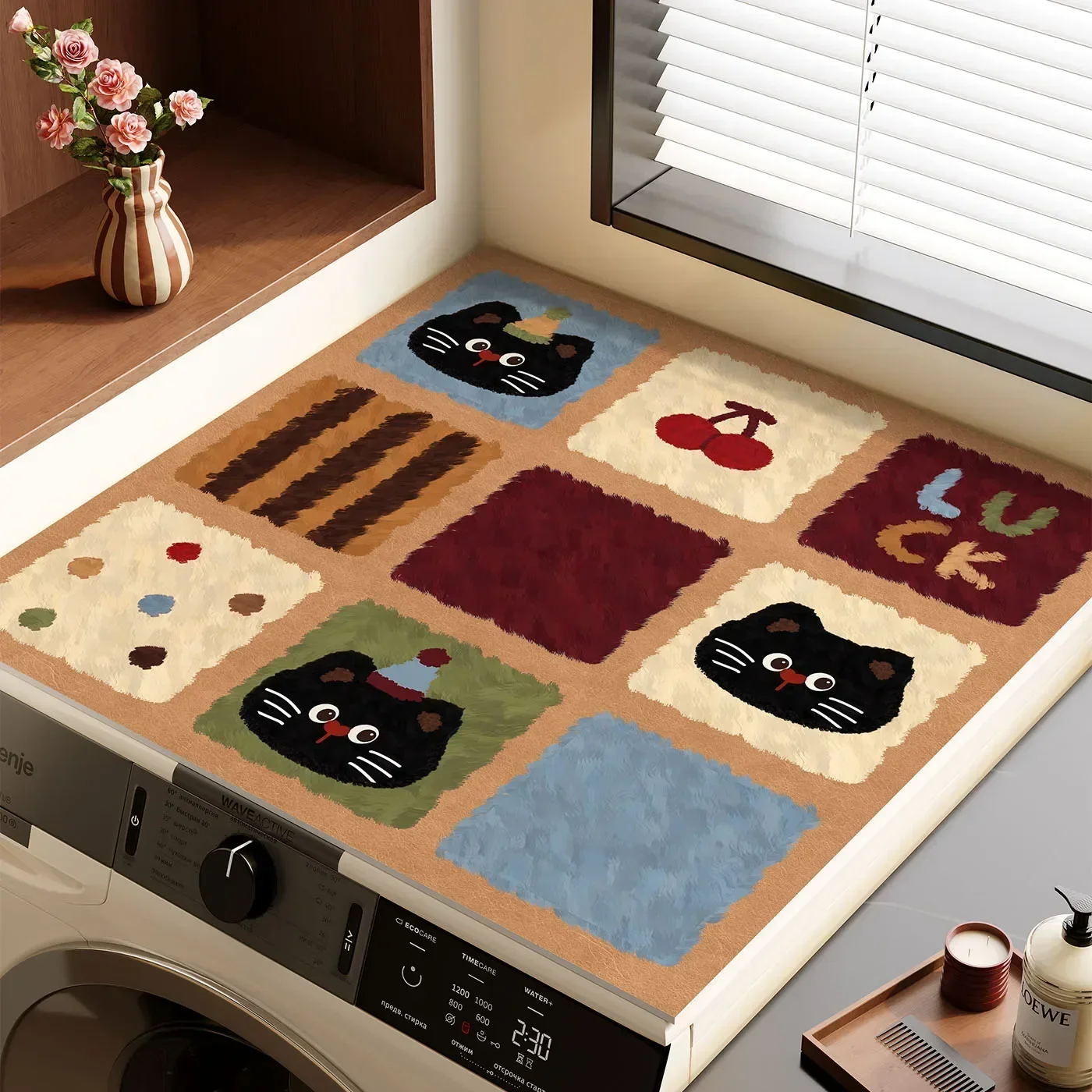 VIKAMA Patchwork Black Cat Washing Machine Top Cover Mat Cherry Print Waterproof Anti Dust Dryer Cabinet Surface Pad