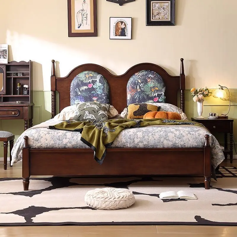 Solid wood bed Master bedroom 1.8 meters double bed Roman column camel peak soft rely printed 1.5 meters Anna bed