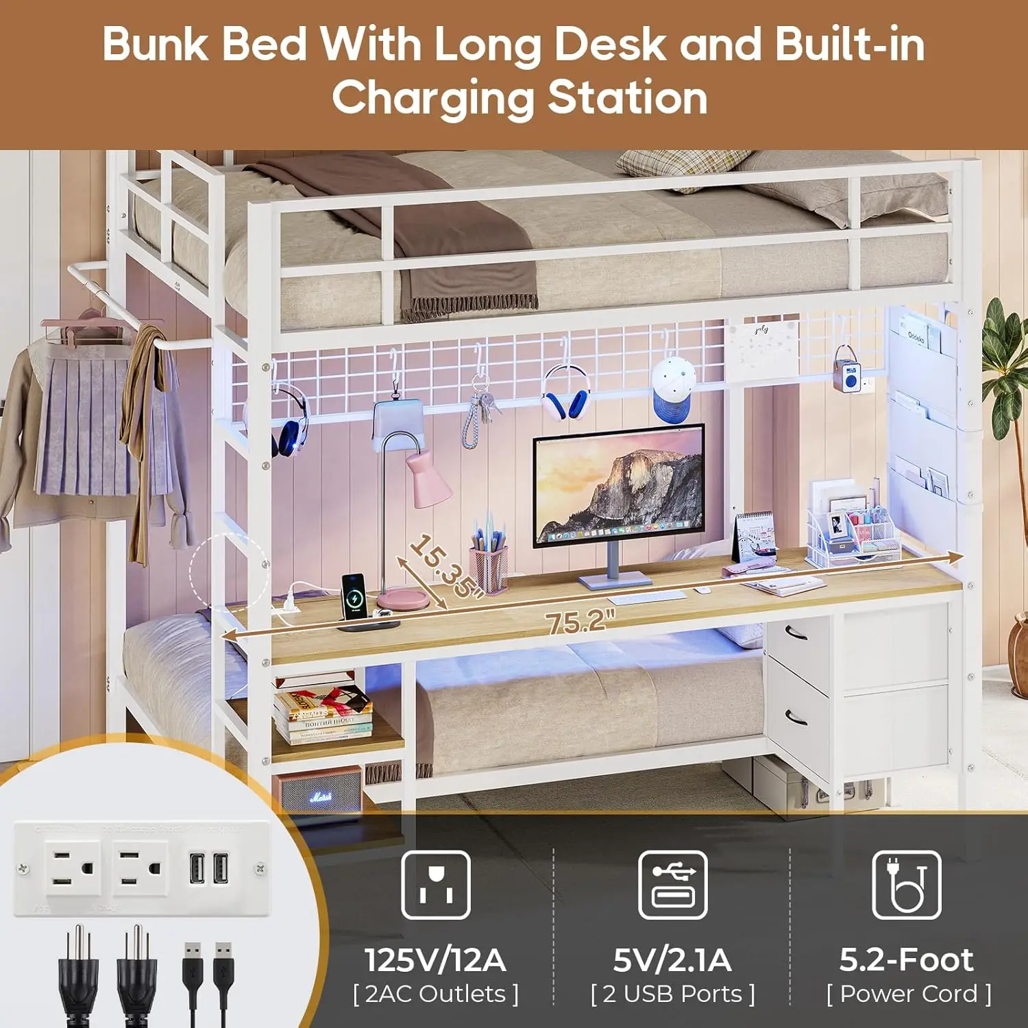 Cadre de lit mezzanine en métal avec lit superposé double, bureau, lumières LED, station de recharge, étagères de rangement et tiroirs