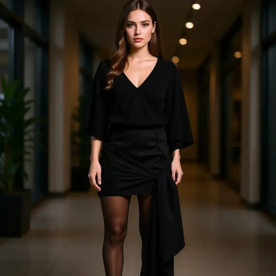 

2026 Trending High‑Waist Wrap Mini Skirt for Women Black Ruched Asymmetrical Tie Design Faux‑Silk Look Summer Street Style