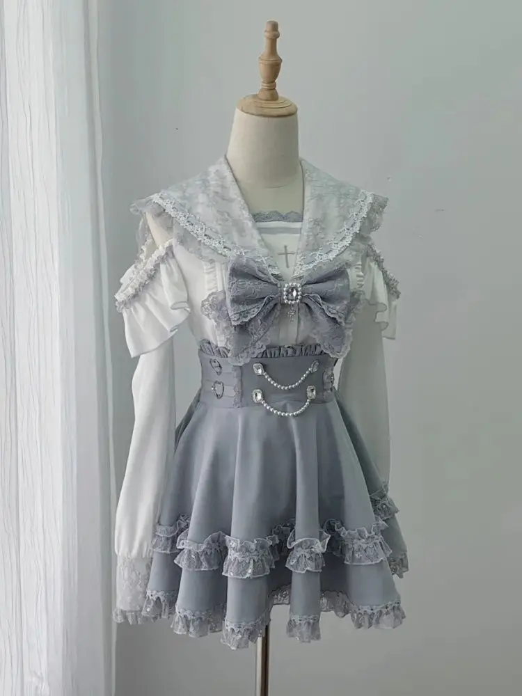 Japanese Sweet Gothic Lolita 2 Piece Skirt Set Women Sailor Collar Lace Bow Decor High Waist Ruffle Hem Casual Party Outfit 2026 view 3