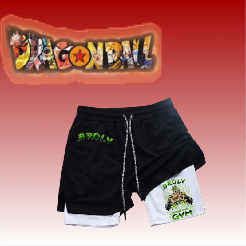 Calções masculinos dragon ball anime masculino super rock impressão 2-em-1 calções esportivos 2025 verão novo fitness masculino correndo