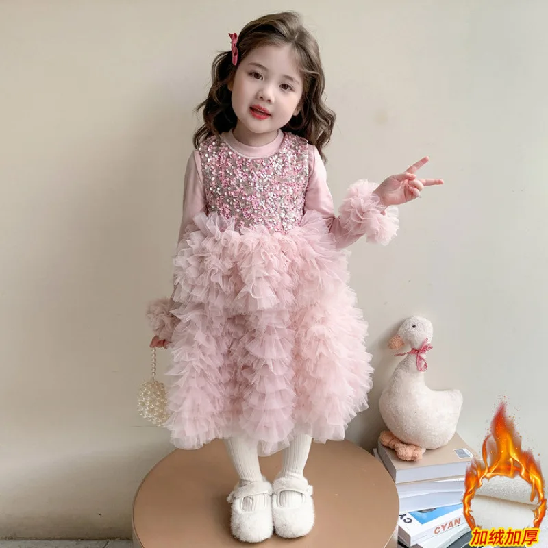 

Girls Winter Mesh Cake Puff Skirt High-end Spliced Tank Dress Princess Gown Birthday Dress Trendy。