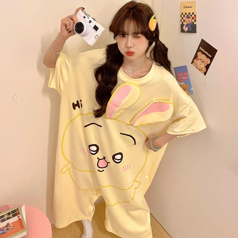 

Korean Style Cute Yellow Pajamas Jumpsuits Women Summer Nightdress Short Sleeve Loose Sleepwear Cartoon Bunny Print Pyjama Femme