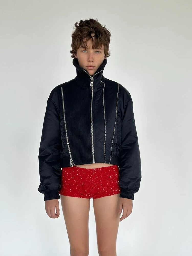 

Winter 2023 Women's Zipper Decorated Patchwork Pilot Jaet Outerwear Loose Fit Commute Sle Long Sve Regular Length