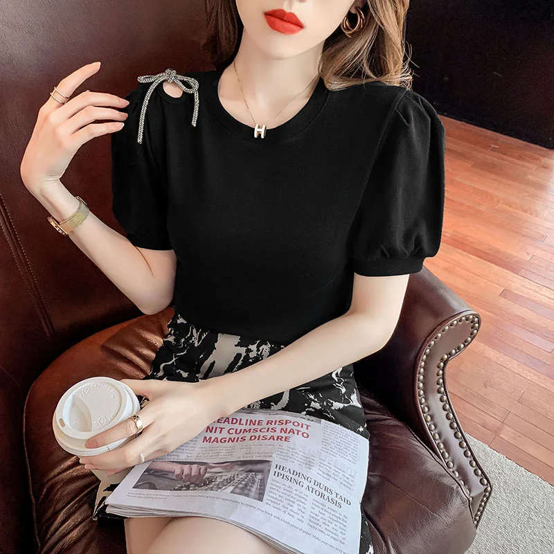 2023 New Summer European Clothes Cotton T-Shirt Women Chic Sexy O-Neck Hollow Out Bowknot Tops Short Sleeve All Match Tees 34295