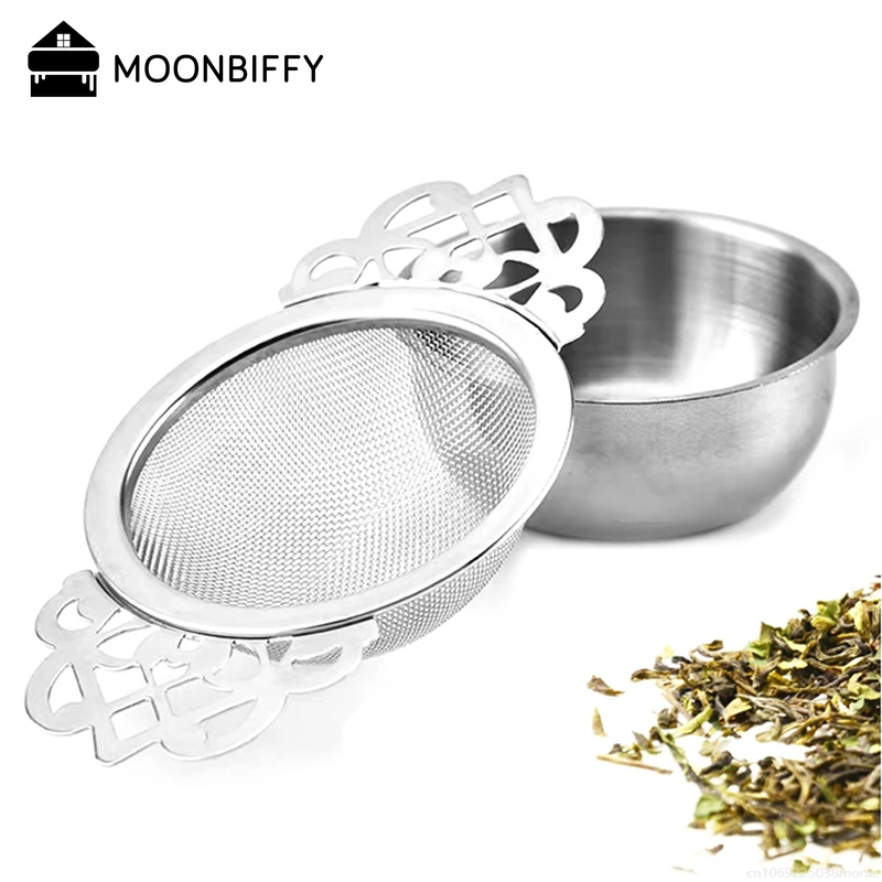 1pcs Stainless Steel Tea Strainer with Drip Bowl Easy Clean Loose Leaf Traditional Hanging Herbal Double Ear Tea Infuser Filter