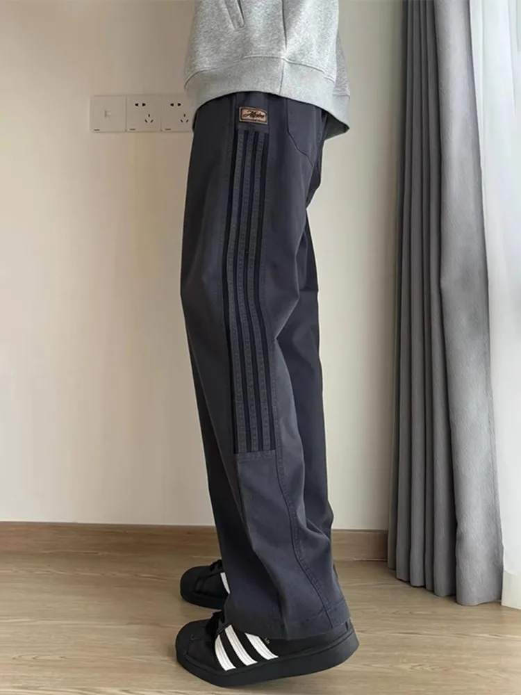 

Men's Fce Lined Straight Leg Pants Autumn Winter American Retro Striped Sport Trousers Drapey Comfortable Workwear