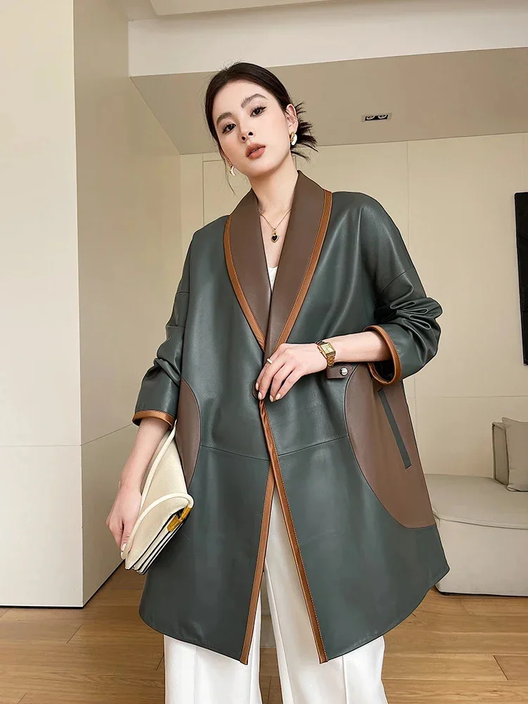 Elegant V-neck Sheepskin Coat for Women 2024 Trend Contrast Color Stitching Design Mid-length Genuine Leather Jacket