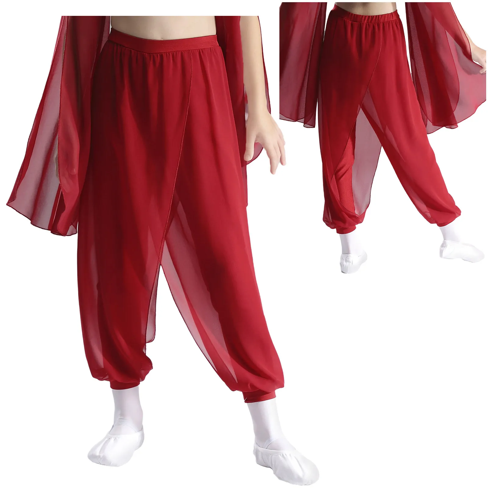 Indische Tanzhose für Kinder und Mädchen, weicher Satin, weites Bein, Pumphose, Ballsaal, Bauchtanzhose für Halloween, Karneval, Tanzaufführung – Detail 34