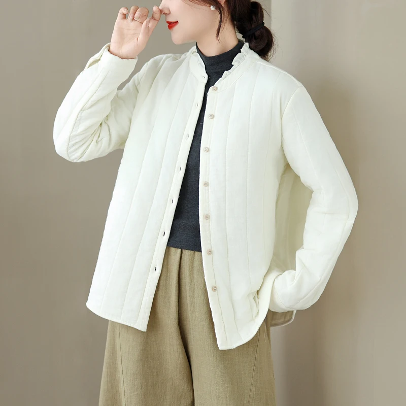 

Lightweight Autumn Winter Women's Jaet Loose Versatile Ruffle Collar Cotton Casual Earlet Collar Stand Collar Outerwear