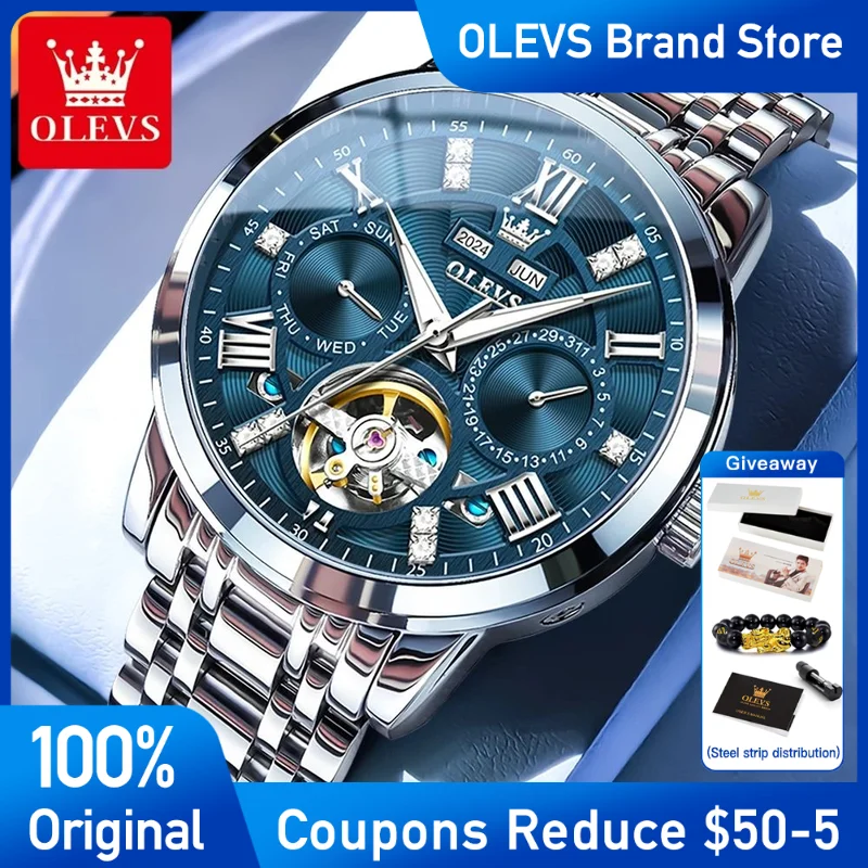 

OLEVS Mens Watch Top Brand Stainless steel mechanical watch Waterproof Luminous Men's Wristwatch Dual calendar Tourbillon Reloj