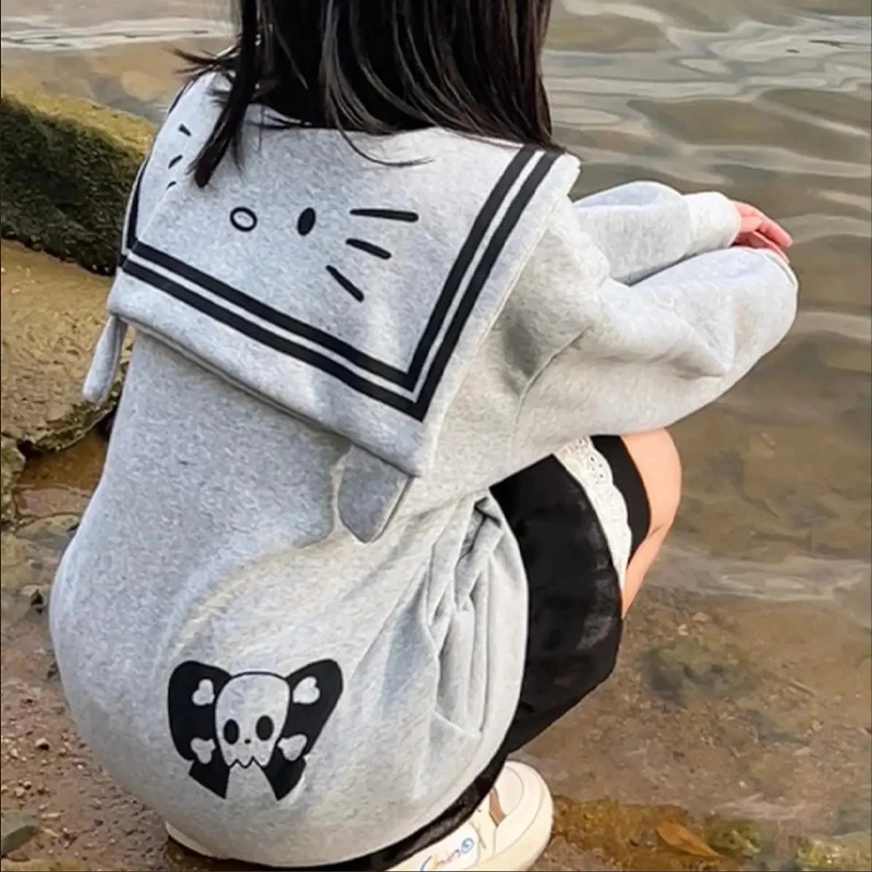 Hello Kitty Zipper Jacket Navy Collar Sanrioed Anime Kawaii Cardigan Hoodie Cotton Spring Girls Coat Japanese Loose Casual Cute