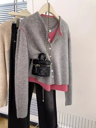 Knitted Cardigan For Women Autumn 2024 New Contrast Color Stitching Fake Two-piece Sweater Casual Tops Jacket