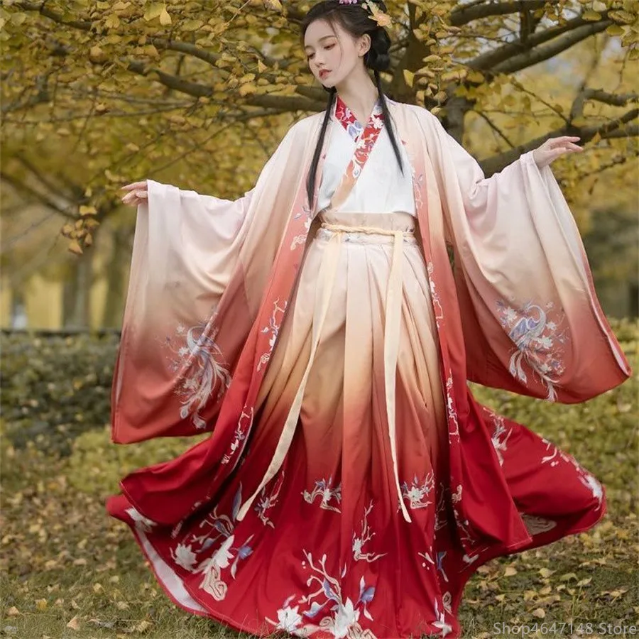 Abito Hanfu da donna tradizionale cinese stampato Hanfu femminile Halloween Tang Costume cosplay Hanfu rosso sfumato e grigio