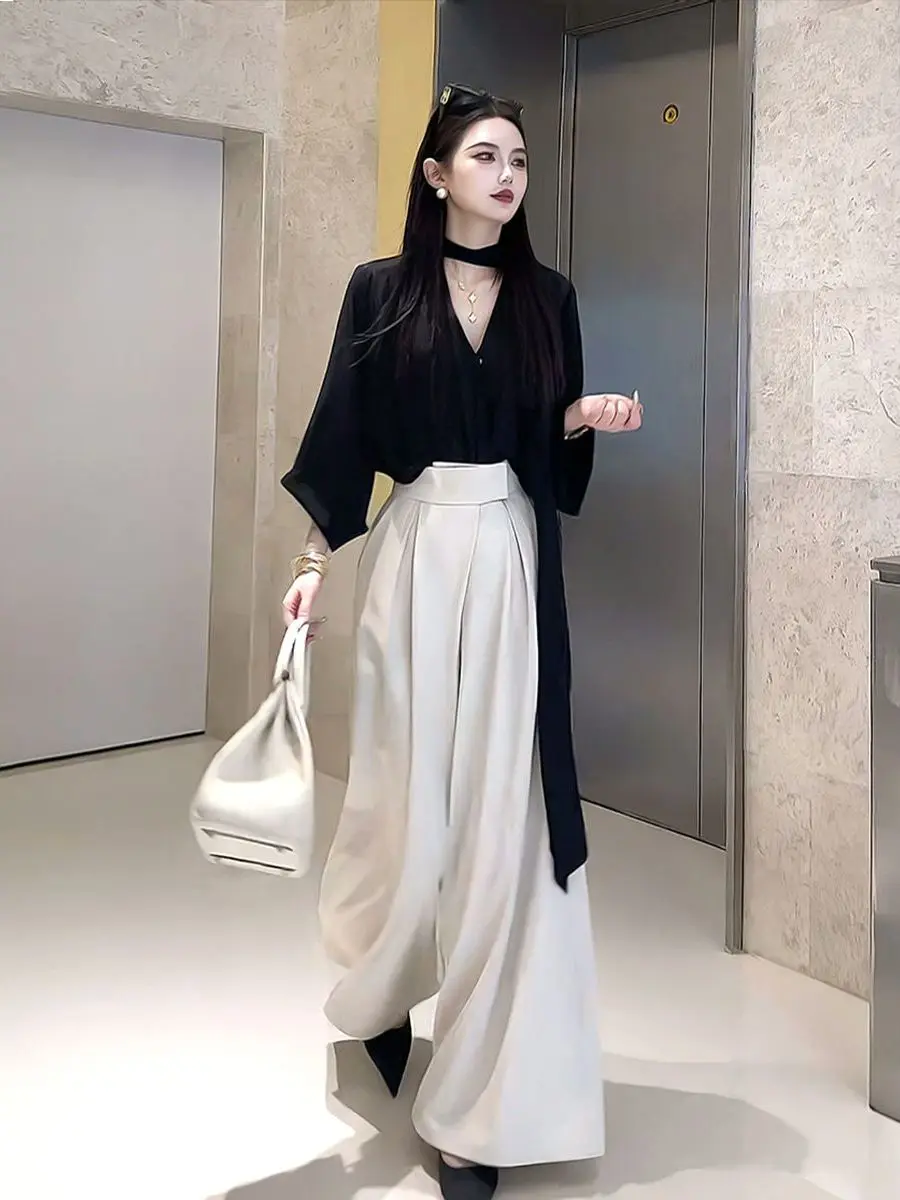 

Casual Elegant Women's Fashion Set 2025 New Bow Shirt Draped Wide Leg Pants Two Piece Set Commute Style Autumn Collection