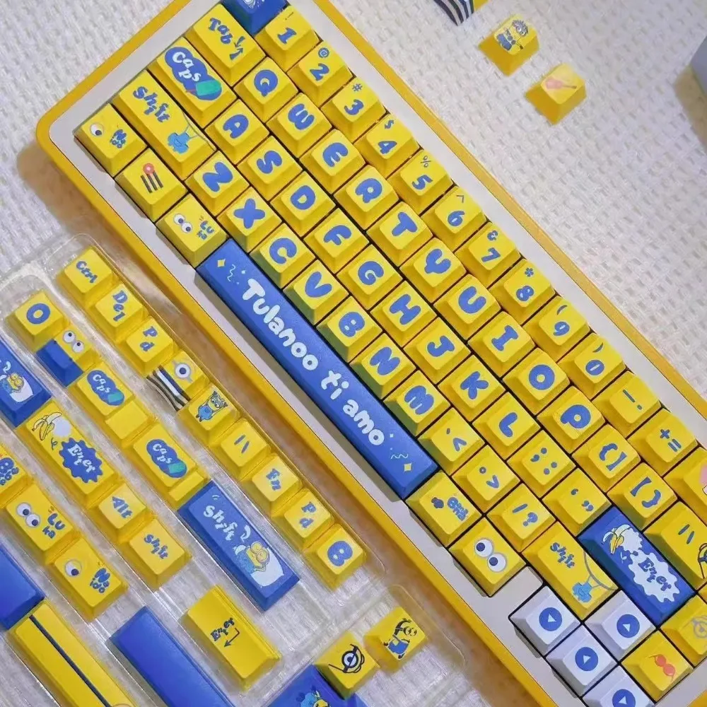 Cute Yellow Cartoon Theme Keycap Set 144Keys PBT Custom Anime Keyboard Cap Cherry Profile Gaming KeyCap for Mechanical Keyboard