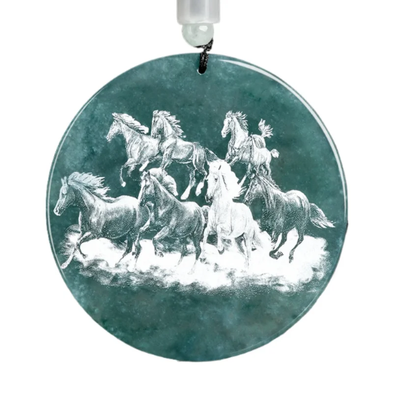 

Natural A-grade Jade Blue Water Shadow Carving Of Eight Steeds Ice Seed Jadeite Pendant Zodiac Horse Men's Women's Jewelry