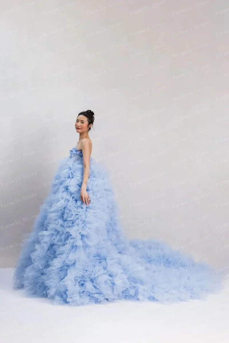 Baby Blue Applique Floral Ruffled Layered Tulle Ball Gown Fluffy Evening Dresses With Long Train Open Back Ever Pretty Elegant