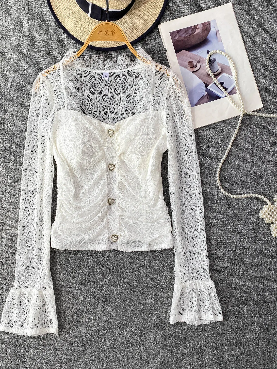 Pure Desire Sexy Women's Lace irt Square Collar Bell Sve ort Slim Fit with Chest Pad Korean Sle Commute Faion