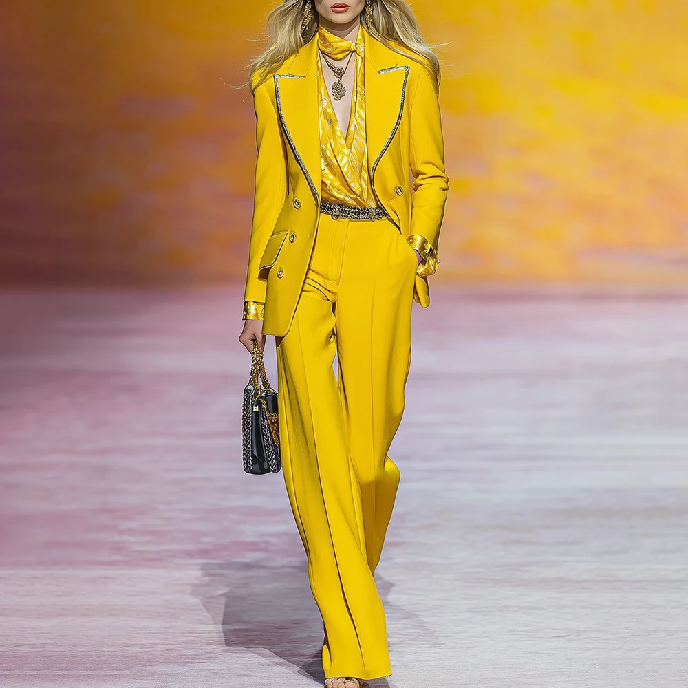 Elegant Yellow Women's Suits Blazer Luxury Double Breasted Peak Lapel Slim Fit Full Sets Customized 2 Piece Jacket Pants Costume