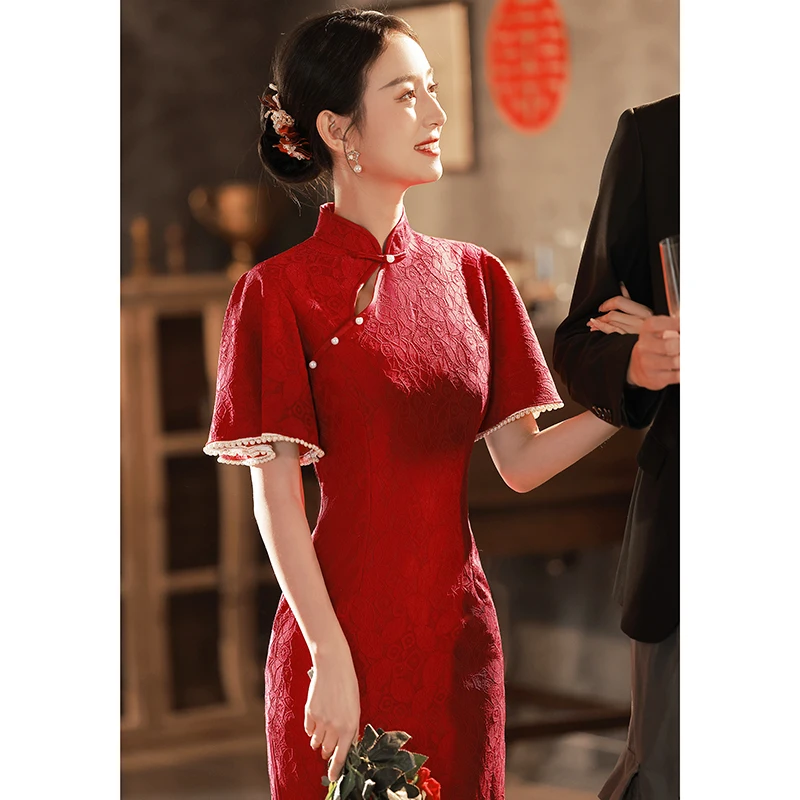 

Красное свадебное платье, помолвочное платье, женское, класса люкс, с коротким рукавом, длинное, с низким разрезом, для повседневной носки, винтажное.