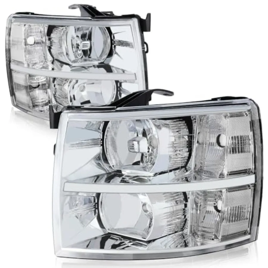 

Halogen Headlights Assembly for Chevy Silverado 1500 2500HD 3500 GMT900 2007-2014 Driver and Passenger Side Chrome Housing Comp